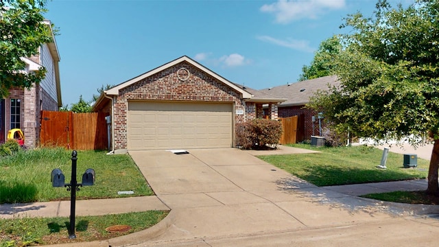 ranch-style home featuring a front lawn, brick siding, concrete driveway, and an attached garage