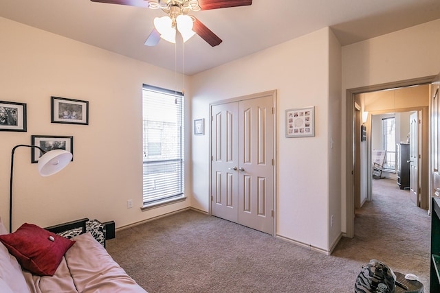 interior space with carpet flooring, a ceiling fan, and a wealth of natural light