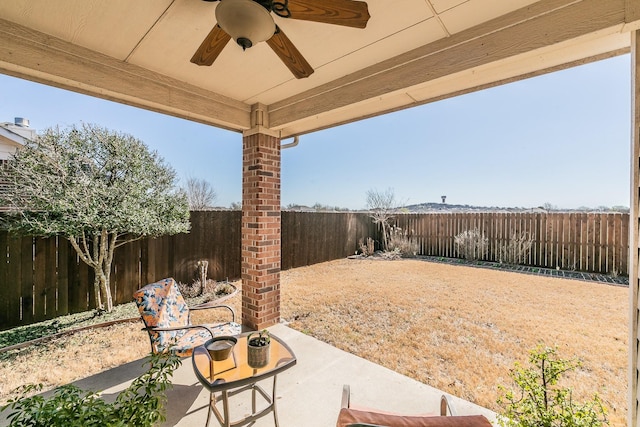 view of patio / terrace featuring a fenced backyard and ceiling fan