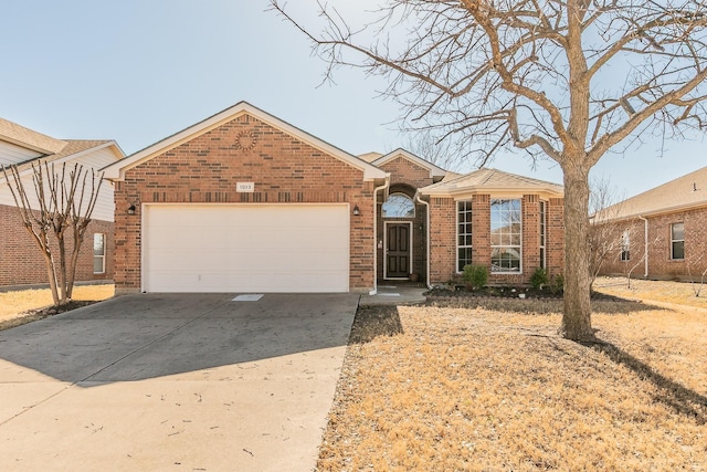 ranch-style home featuring brick siding, concrete driveway, and a garage