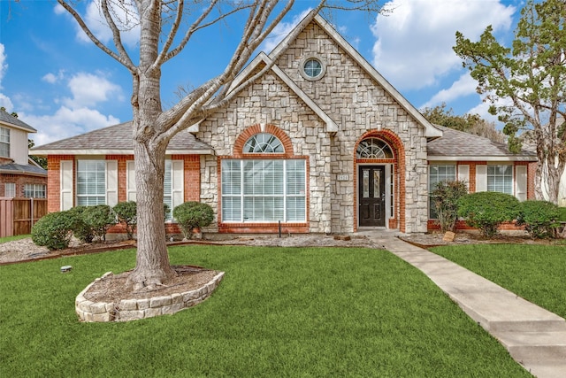 view of front facade with stone siding, fence, a front yard, a shingled roof, and brick siding