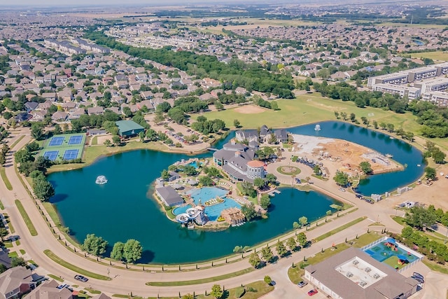 aerial view featuring a residential view and a water view