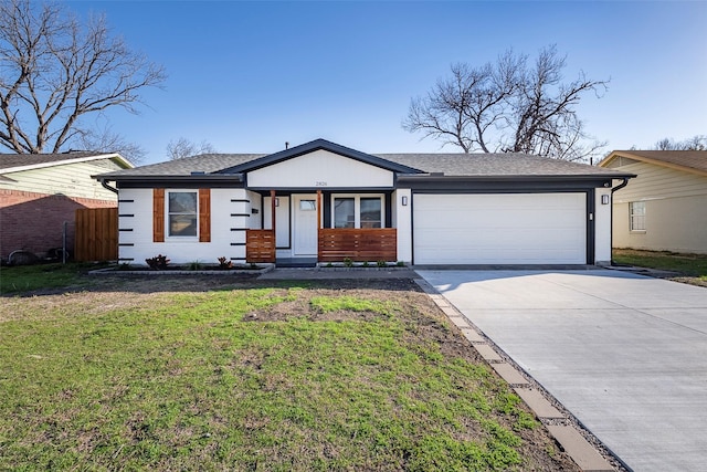 ranch-style house with a front lawn, driveway, fence, roof with shingles, and an attached garage