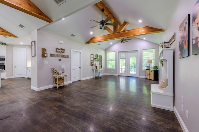 unfurnished living room featuring beamed ceiling, french doors, visible vents, and baseboards