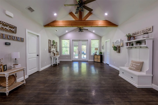 living area with visible vents, baseboards, dark wood finished floors, lofted ceiling with beams, and french doors