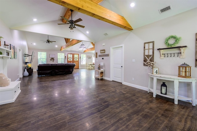 living room with visible vents, beamed ceiling, wood finished floors, recessed lighting, and baseboards