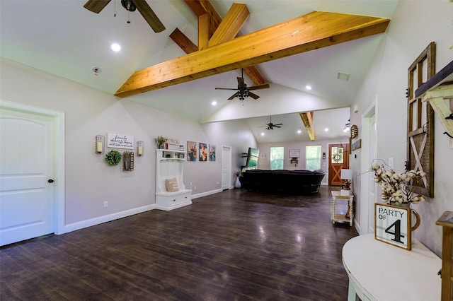 living room featuring beamed ceiling, baseboards, dark wood-type flooring, and high vaulted ceiling