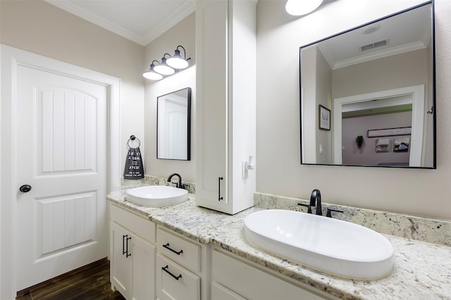 bathroom with a sink, visible vents, and ornamental molding