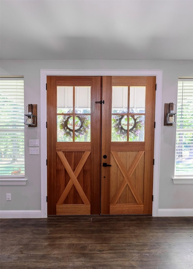 foyer with baseboards and dark wood-type flooring