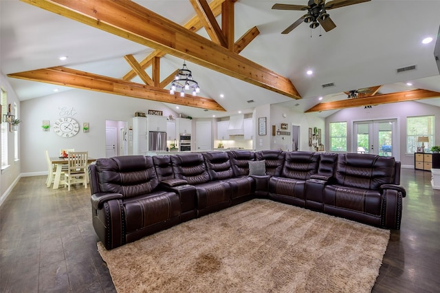 living room with beamed ceiling, french doors, dark wood-type flooring, and baseboards