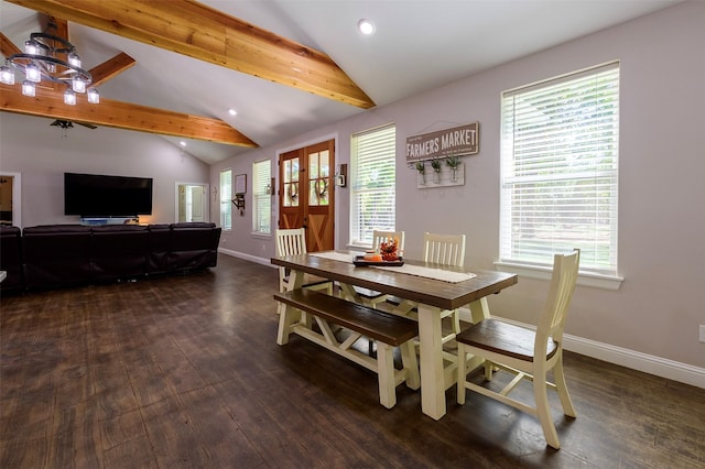 dining space with baseboards, lofted ceiling with beams, and dark wood-type flooring