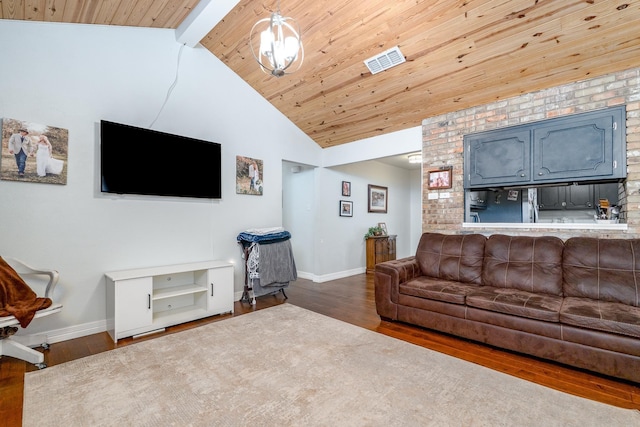 living room with wood ceiling, beamed ceiling, wood finished floors, and visible vents