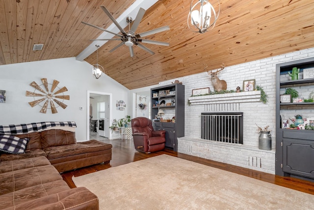 living area featuring visible vents, a brick fireplace, vaulted ceiling with beams, wooden ceiling, and wood finished floors