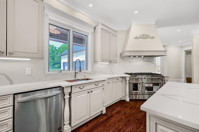 kitchen featuring custom range hood, decorative backsplash, appliances with stainless steel finishes, dark wood-style floors, and a sink