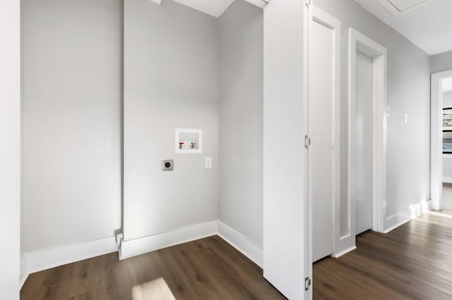 washroom with hookup for an electric dryer, hookup for a washing machine, baseboards, dark wood-style floors, and laundry area
