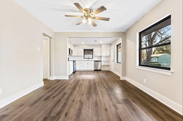 unfurnished living room featuring a ceiling fan, baseboards, and dark wood-style flooring