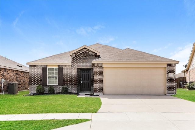 single story home featuring a garage, brick siding, central AC unit, and a front yard