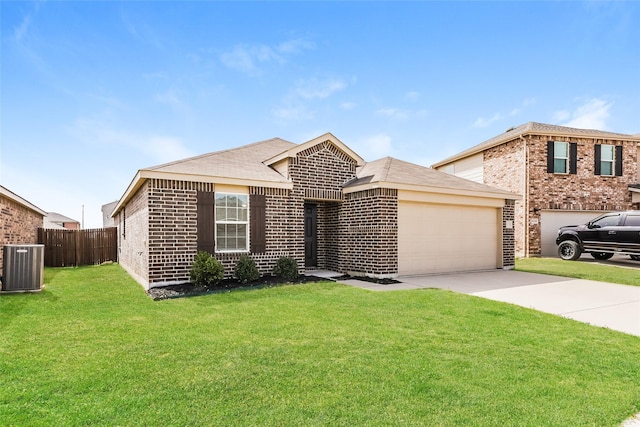 single story home featuring a front yard, central air condition unit, concrete driveway, and brick siding