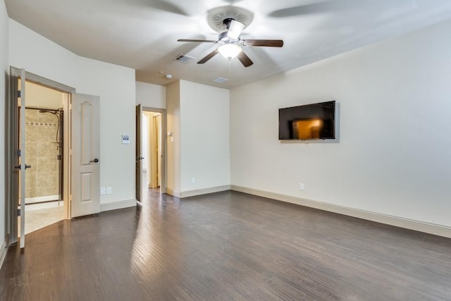 interior space featuring ceiling fan, visible vents, baseboards, and dark wood finished floors