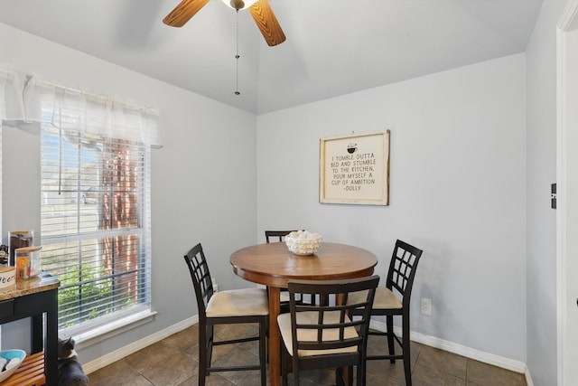 dining area featuring tile patterned floors, ceiling fan, and baseboards