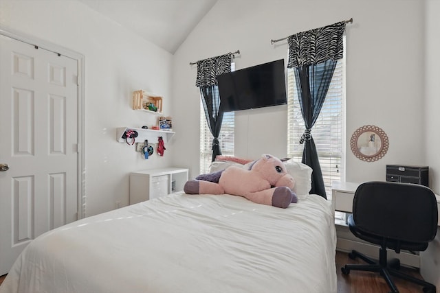 bedroom featuring lofted ceiling and wood finished floors