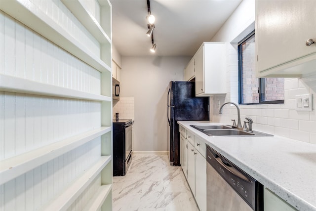 kitchen featuring marble finish floor, black appliances, open shelves, a sink, and light countertops