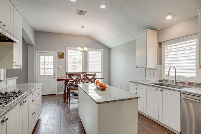 kitchen featuring visible vents, dark wood-style flooring, a sink, stainless steel appliances, and vaulted ceiling