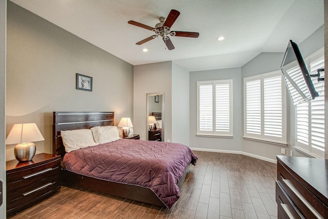 bedroom featuring vaulted ceiling, recessed lighting, baseboards, and wood tiled floor