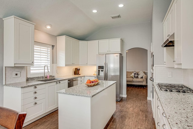 kitchen with a sink, dark wood finished floors, stainless steel appliances, arched walkways, and vaulted ceiling