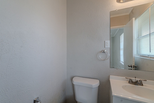 bathroom with toilet, vanity, and a textured wall