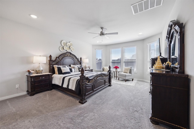 bedroom with visible vents, light carpet, recessed lighting, baseboards, and ceiling fan