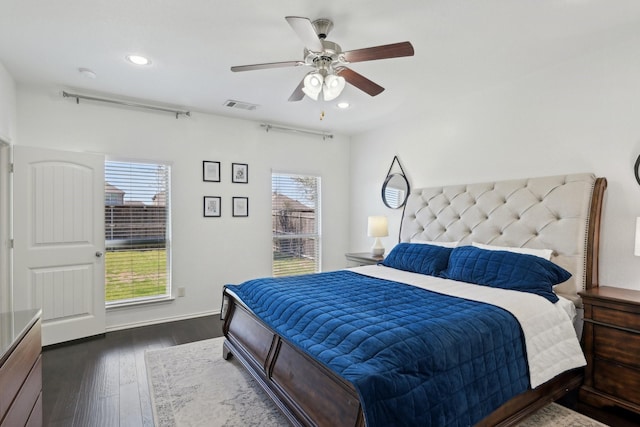 bedroom with visible vents, baseboards, recessed lighting, dark wood-style floors, and a ceiling fan