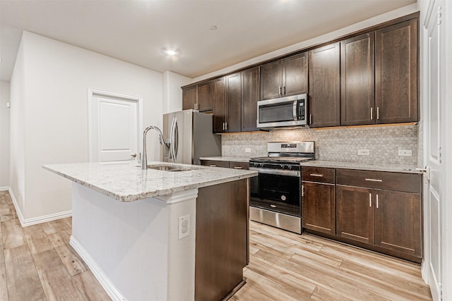 kitchen featuring light wood-type flooring, stainless steel appliances, tasteful backsplash, and a kitchen island with sink