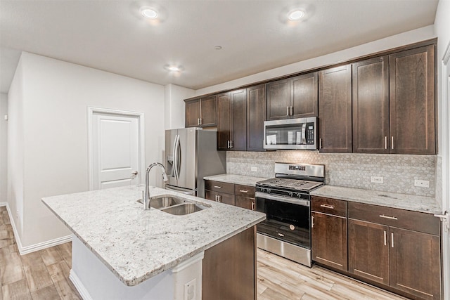 kitchen featuring backsplash, stainless steel appliances, light wood-style flooring, and a sink