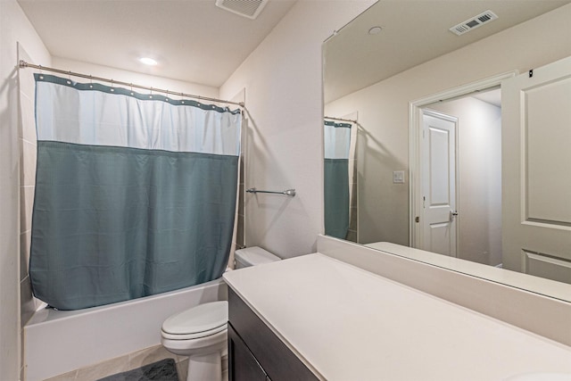 full bathroom with vanity, toilet, shower / bath combo, and visible vents