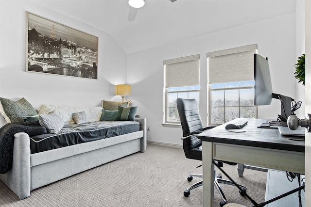 bedroom with baseboards, lofted ceiling, ceiling fan, and carpet flooring