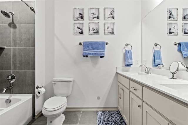 full bathroom featuring double vanity, a sink, tile patterned flooring, bathing tub / shower combination, and toilet