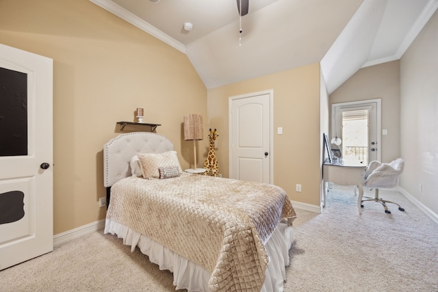 carpeted bedroom featuring vaulted ceiling, baseboards, and ceiling fan