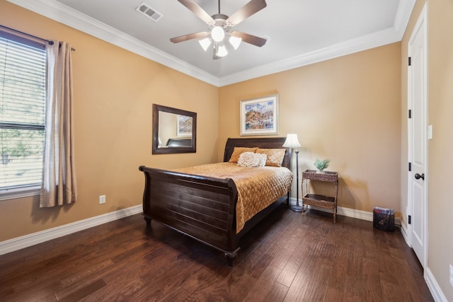 bedroom featuring visible vents, ornamental molding, baseboards, and dark wood-style flooring