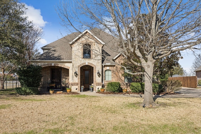 french country inspired facade featuring brick siding, a front lawn, and fence