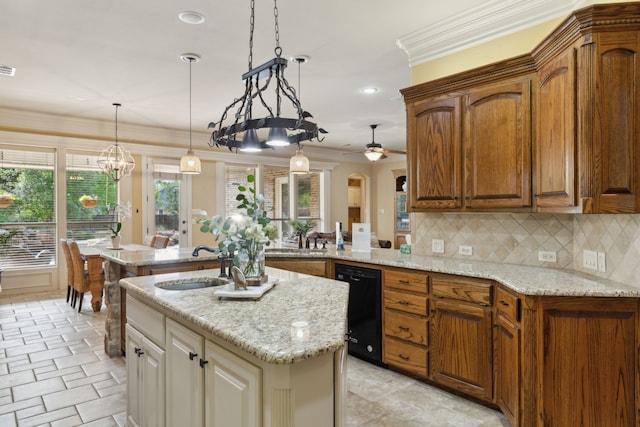 1724 Joyner Ln, Keller, TX 76248 - kitchen with black dishwasher, a sink, a peninsula, backsplash, and a center island