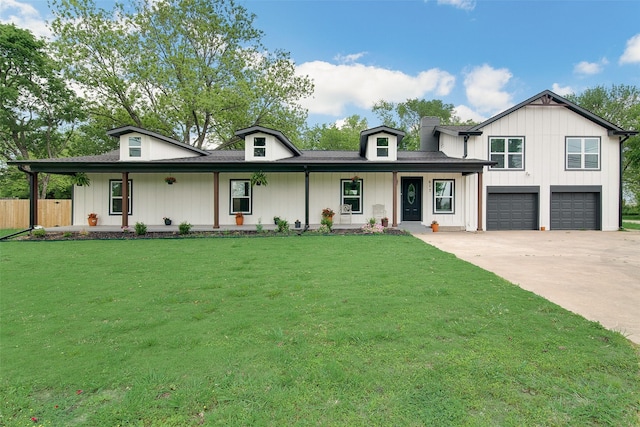 view of front of property featuring driveway, a porch, a shingled roof, a front lawn, and a garage