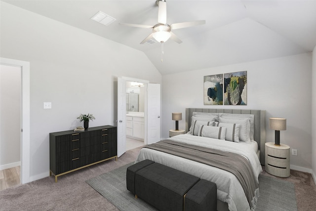 bedroom featuring a ceiling fan, baseboards, visible vents, vaulted ceiling, and light carpet