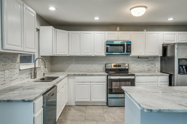 kitchen with a sink, white cabinetry, and stainless steel appliances