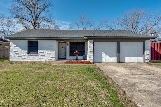 single story home featuring driveway, an attached garage, a front yard, and fence