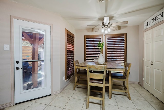 dining space featuring ceiling fan, visible vents, baseboards, and light tile patterned flooring