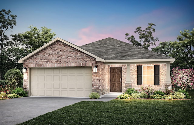 ranch-style home featuring driveway, roof with shingles, a front yard, a garage, and brick siding