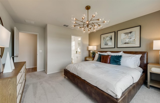 bedroom featuring visible vents, light carpet, ensuite bath, an inviting chandelier, and baseboards