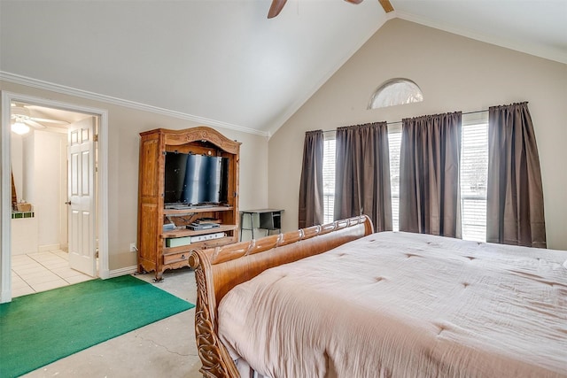 bedroom with crown molding, a ceiling fan, ensuite bathroom, and high vaulted ceiling