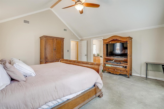 bedroom featuring crown molding, a ceiling fan, visible vents, and concrete flooring